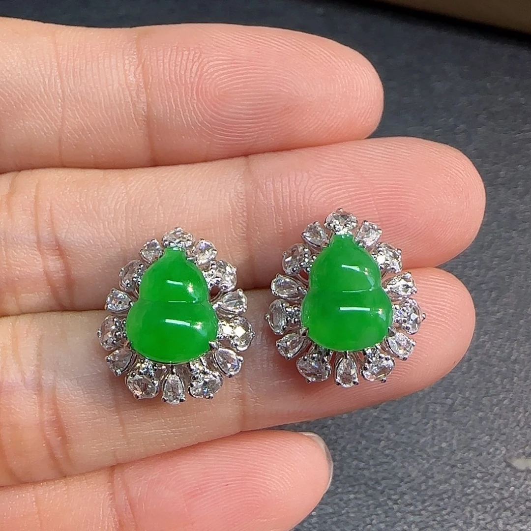 翡翠18K金镶嵌耳饰葫芦