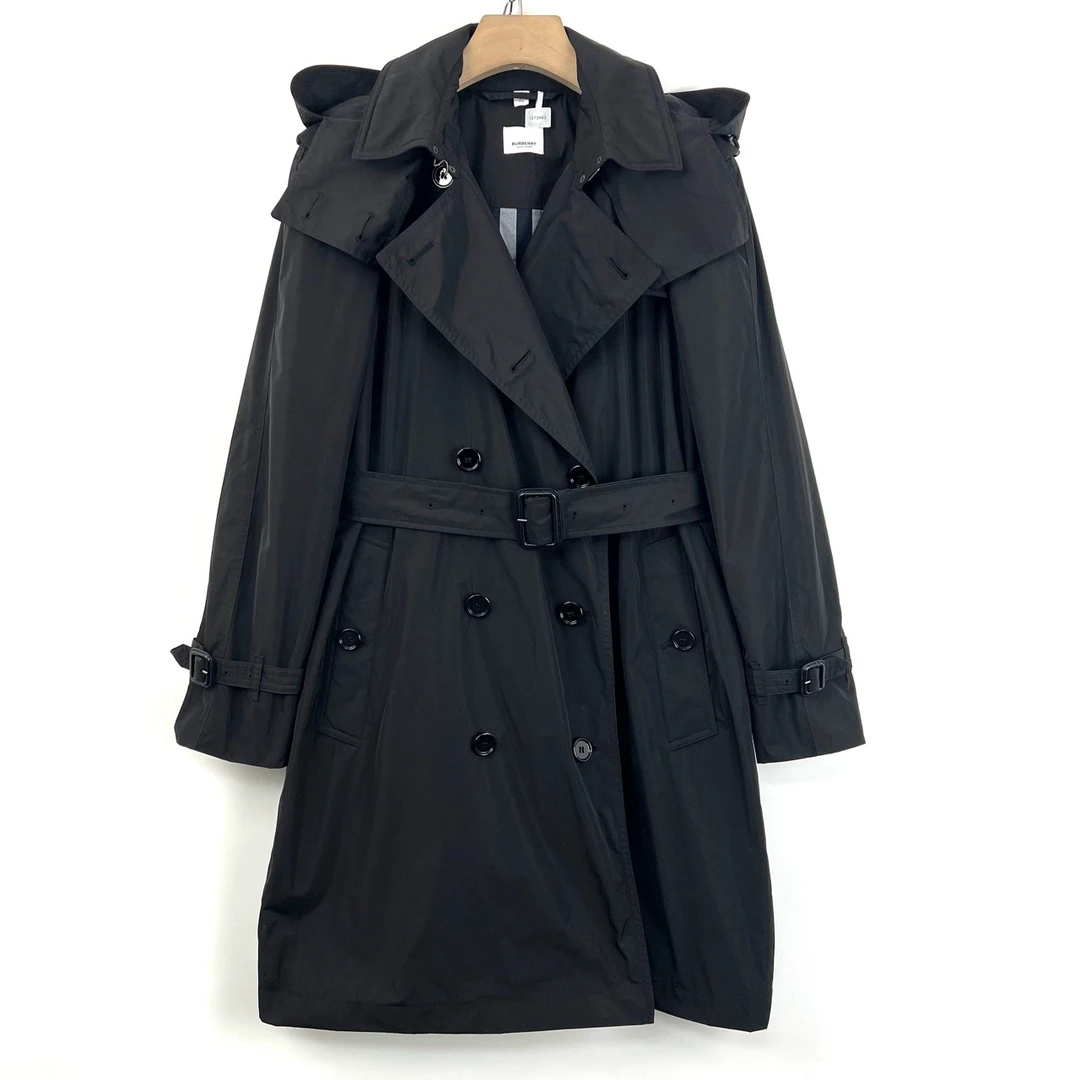 99新 BURBERRY/博柏利 uk8码/黑色连帽双排扣风衣/06024