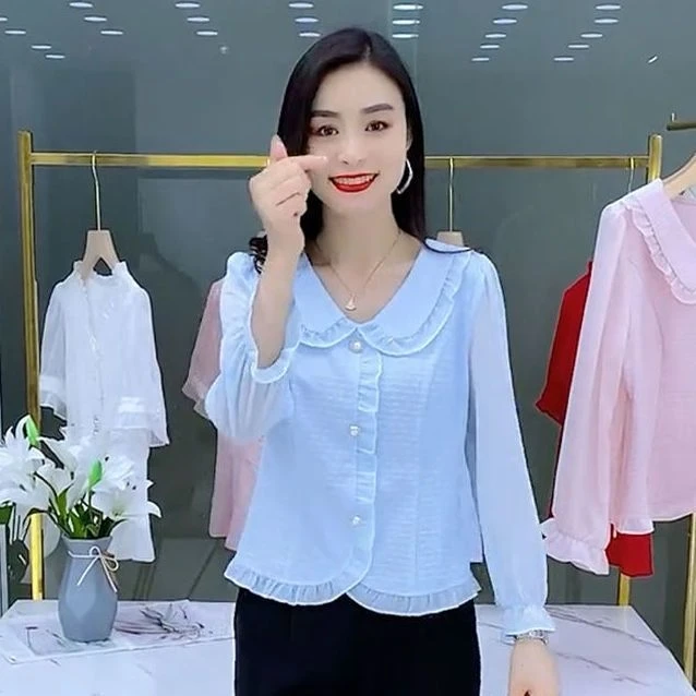 雪纺衫女春秋新款时尚大码遮肚子百搭减龄洋气上衣打底衫气质衬衫