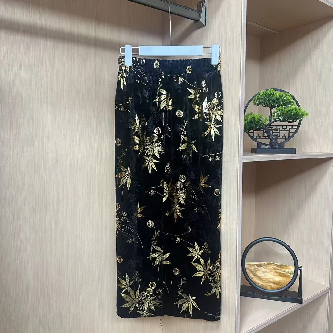 【栖谷】早秋新款丝绒复古印花开叉半身裙 气质时尚百搭修身裙子女