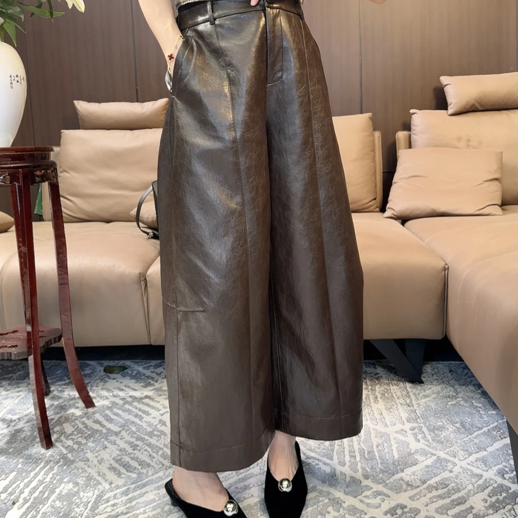 百搭显瘦时尚蛋白皮阔腿九分裤秋季新款休闲通勤气质长裤