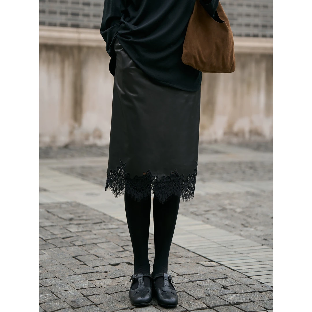 TOFOD 黑胶片 超薄napa胎牛皮蕾丝半身裙高级感小黑裙皮裙