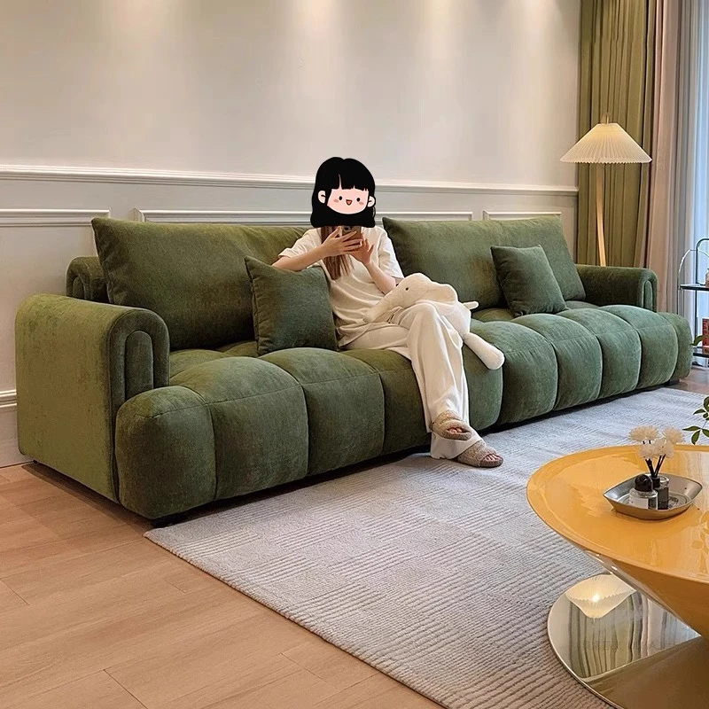 法式奶油风泡芙绿色布艺沙发简约小户型客厅网红直排三人四人沙发