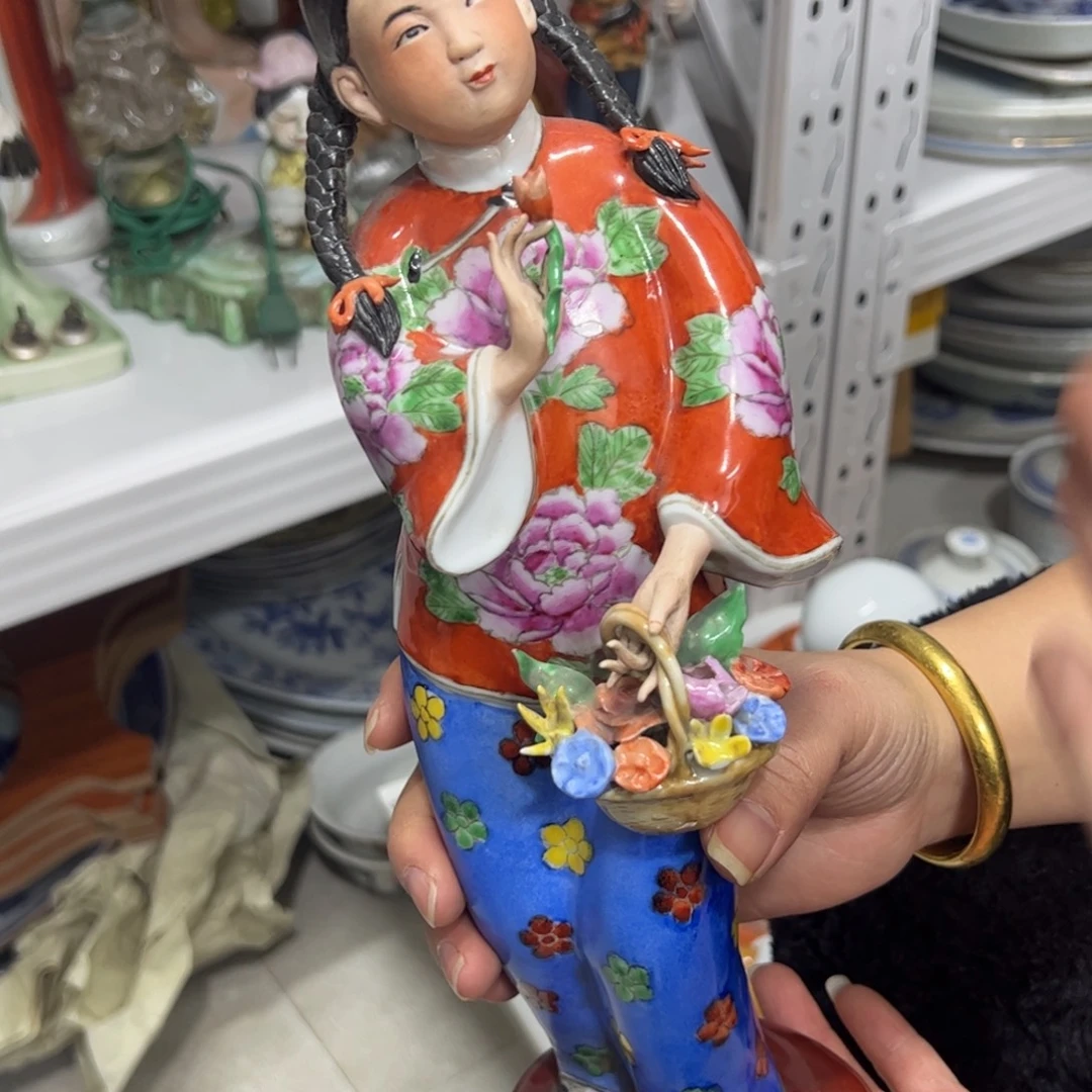 摆件陶雕塑瓷厂彩花姑娘
