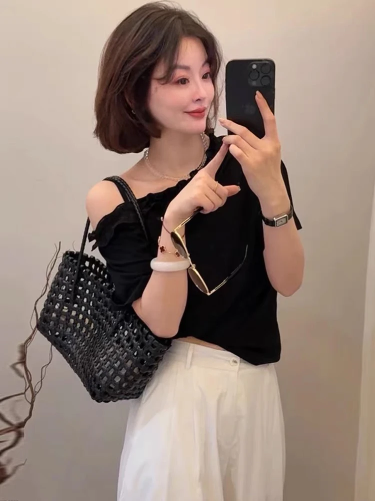 6909新款时尚花边吊带露肩短袖t恤