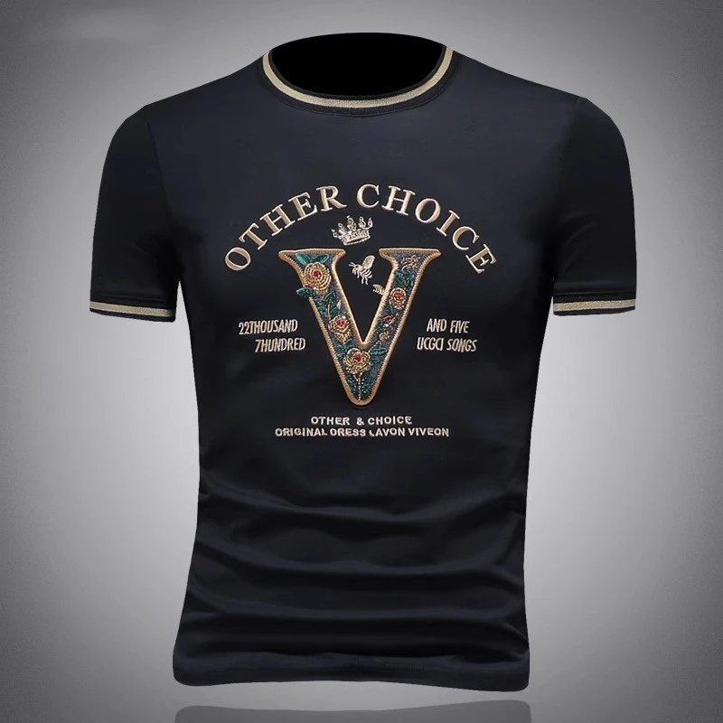 INGESARE高端潮流字母刺绣t恤夏季短袖男款修身丝光棉圆领半袖t恤