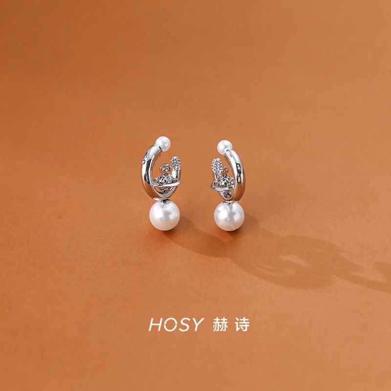 铜合金仿珍珠耳饰 土星珠珠复古耳环 银色百搭轻奢气质耳饰