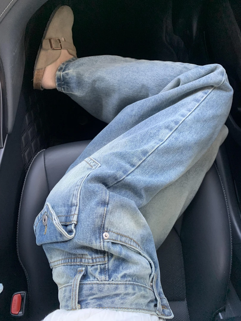 设计感水洗工装风高腰牛仔裤女2025春新款做旧宽松显瘦休闲阔腿裤