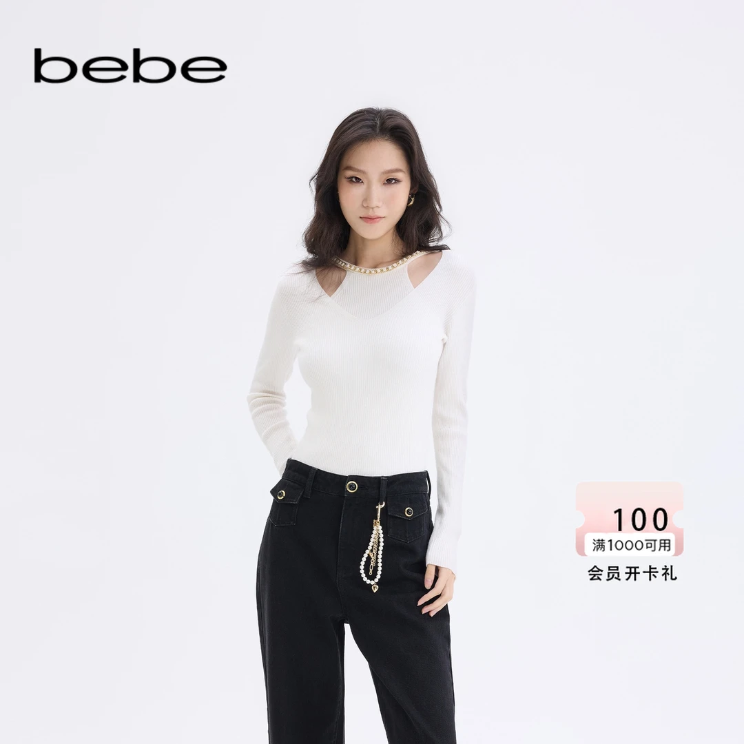 bebe2025秋冬新款女士假两件设计金属链条装饰修身针织上衣430512