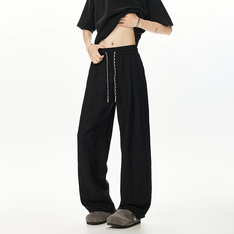 重磅冰丝纹理休闲裤男款夏季2025新款宽松阔腿美式高街青少年裤子
