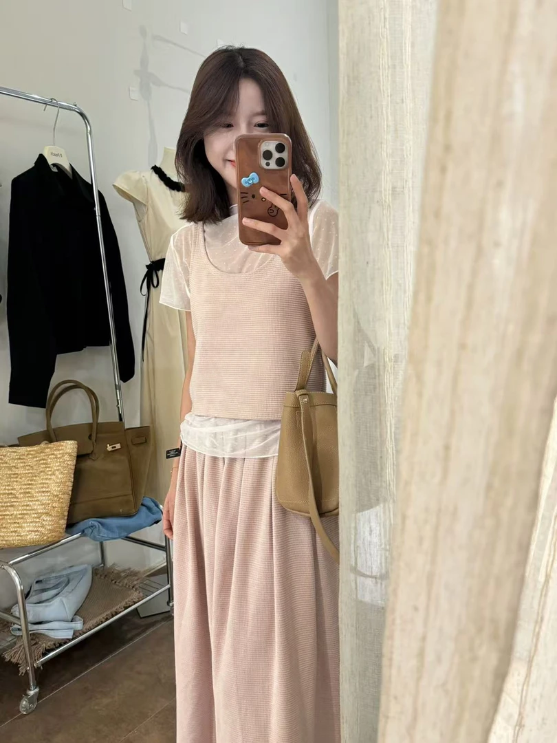 Peach自制 ’淡颜天菜‘~miu系重工华夫格肌理感背心半裙套装 10373