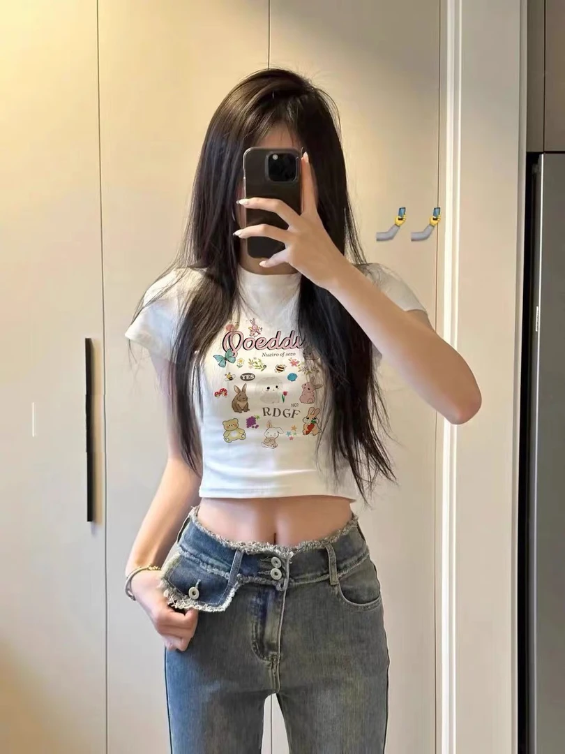 美式甜辣白色短款掐腰上衣女春夏2025新款露脐紧身正肩短袖t恤女