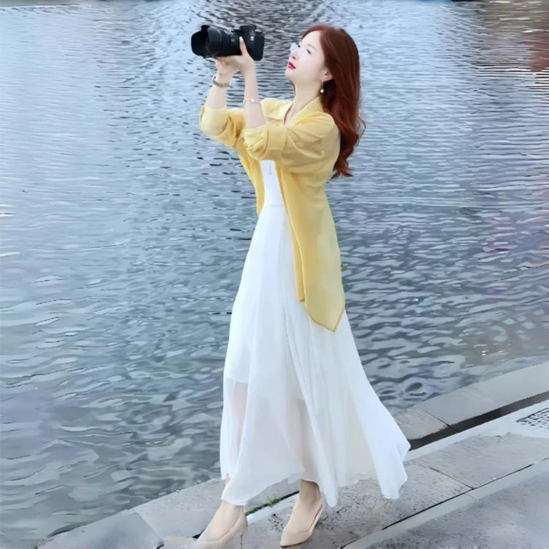 夏季连衣裙套装裙女2025新款设计感长袖防晒衫吊带裙子显瘦两件套