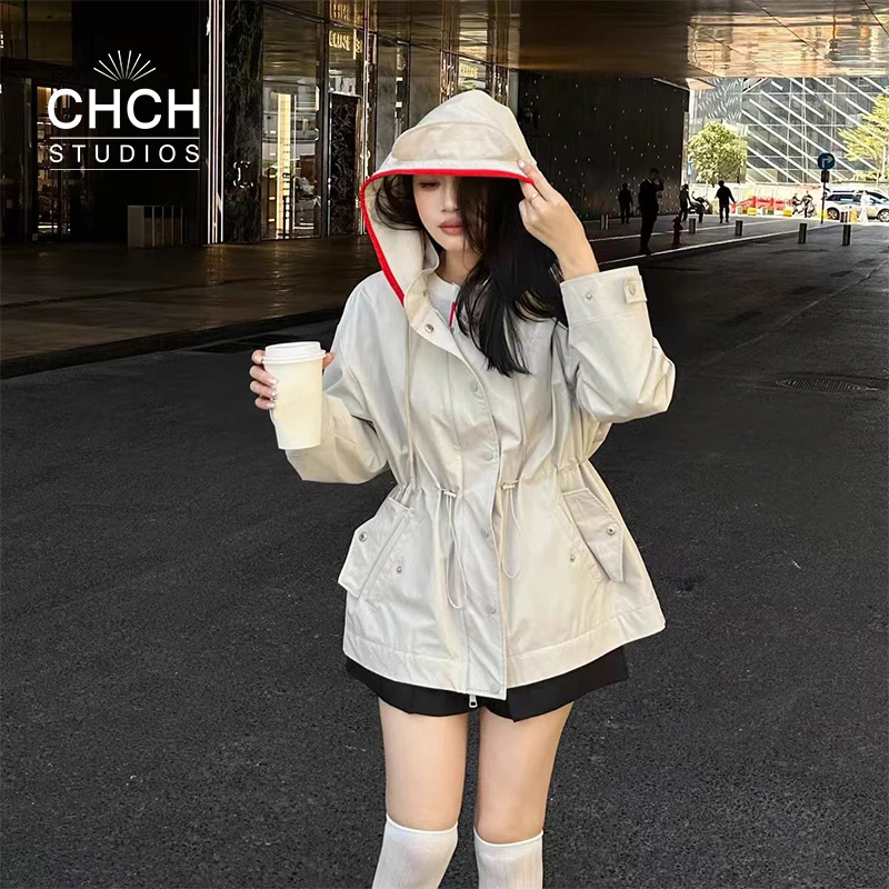 RAQWT22501早春新款腰部抽绳连帽风衣男女同款外套