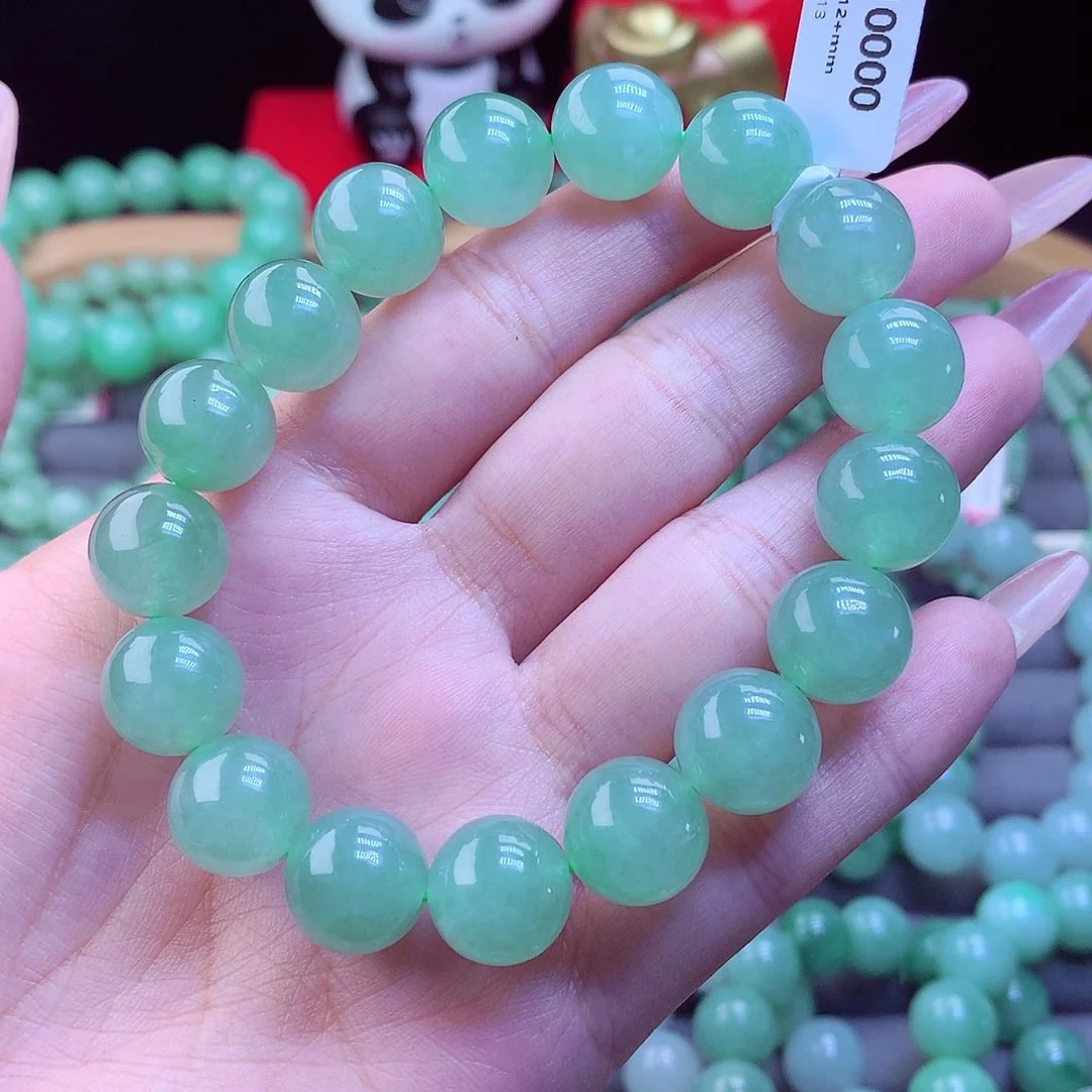 正品天然缅甸A货翡翠 玉手串精美单圈高冰冰透绿色老型女款 卡12+