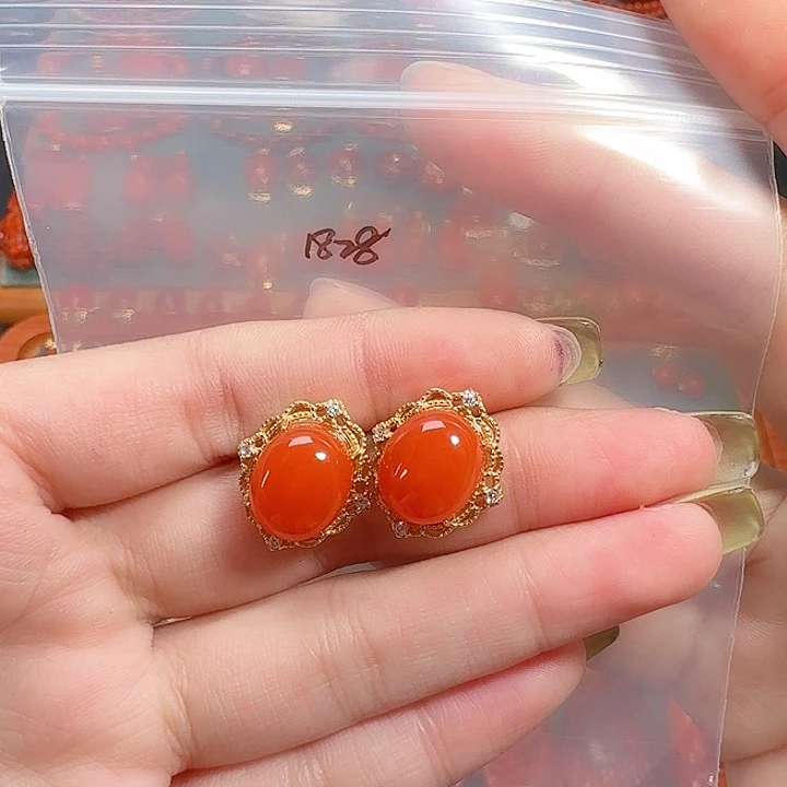 南红玛瑙银S925镶嵌耳饰