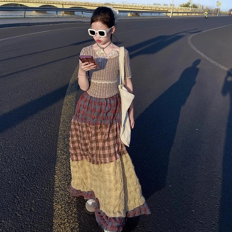 女童2025年新款法式复古拼接宽松半身裙春夏蕾丝显瘦百搭上衣套装