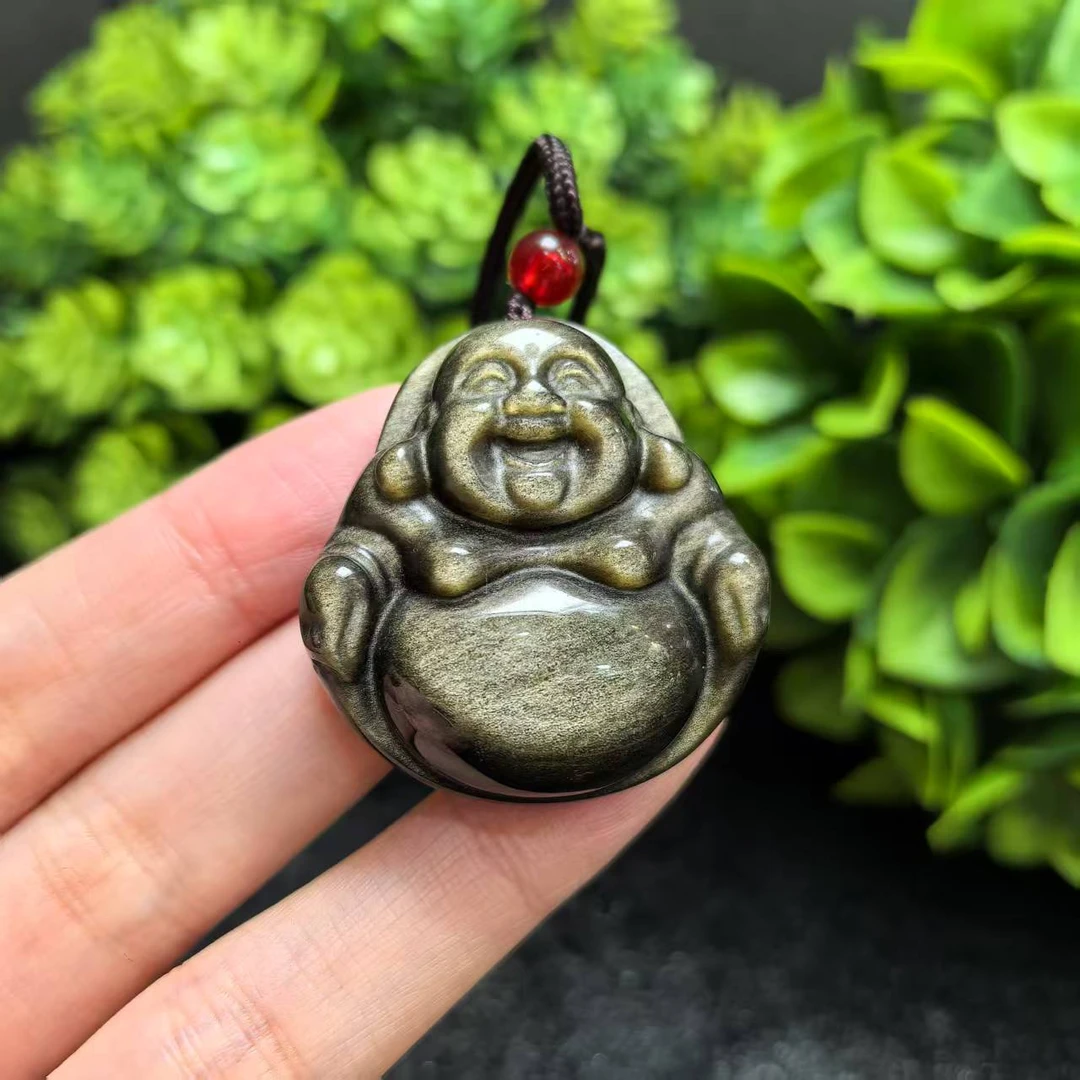 C957【百百福珠宝】黑钻晶黑曜岩佛公吊坠-配绳