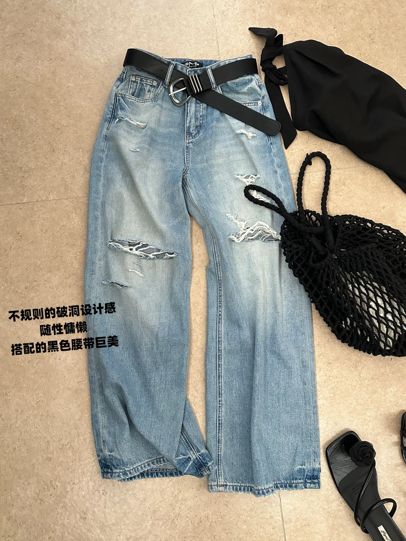 2025新款欧货高腰显瘦直筒阔腿裤女宽松百搭休闲牛仔长裤子
