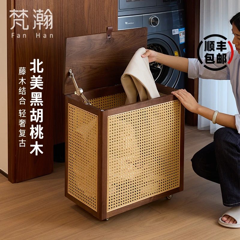 梵瀚 藤编脏衣篓推车带盖高颜值轻奢大容量特大号带轮衣服脏衣篮
