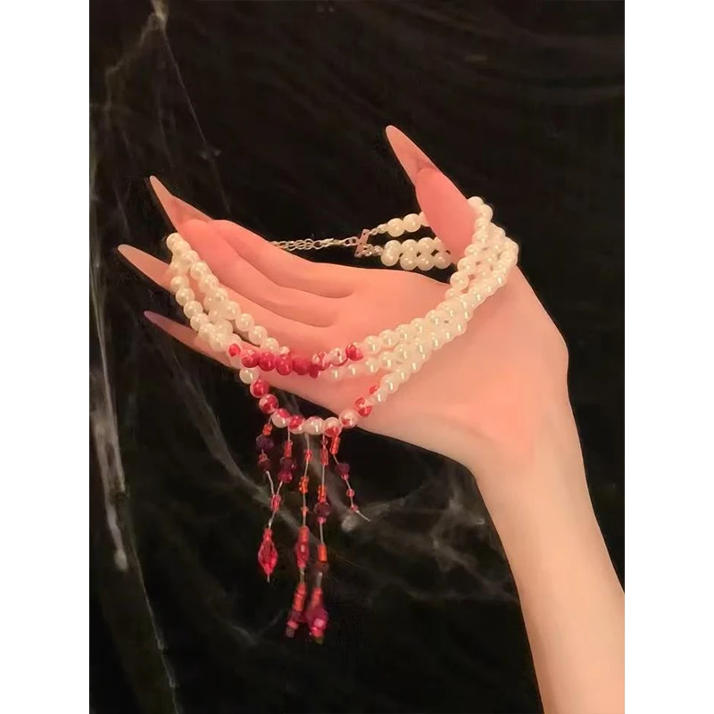 非金属仿珍珠项链 万圣节珍珠流苏choker颈链女cos扮鬼新娘项链