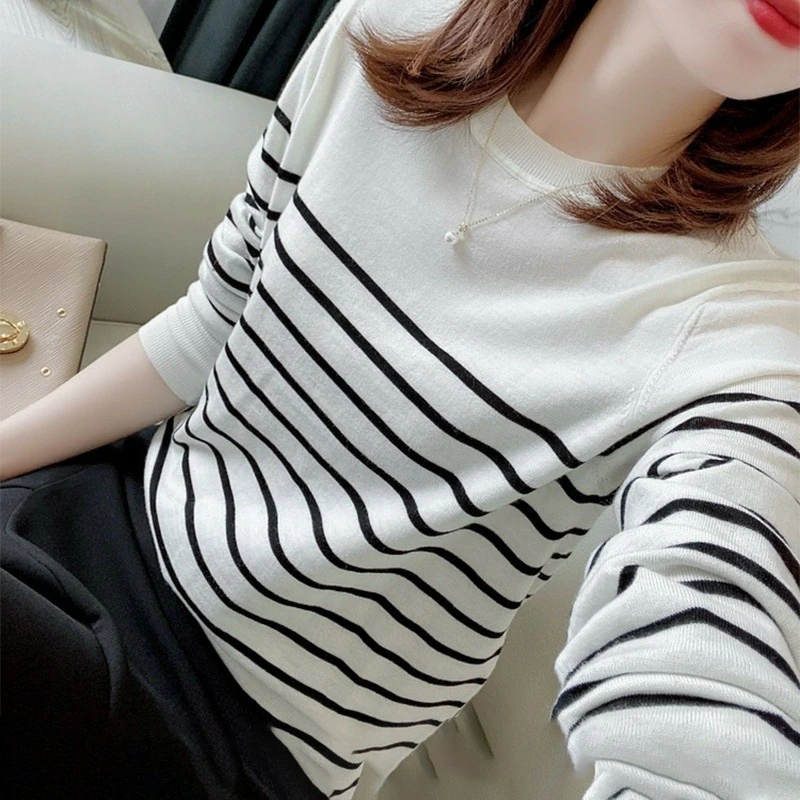 粘胶纤维30%黑白条纹针织衫女长袖秋装2025年早秋新款上衣春秋毛