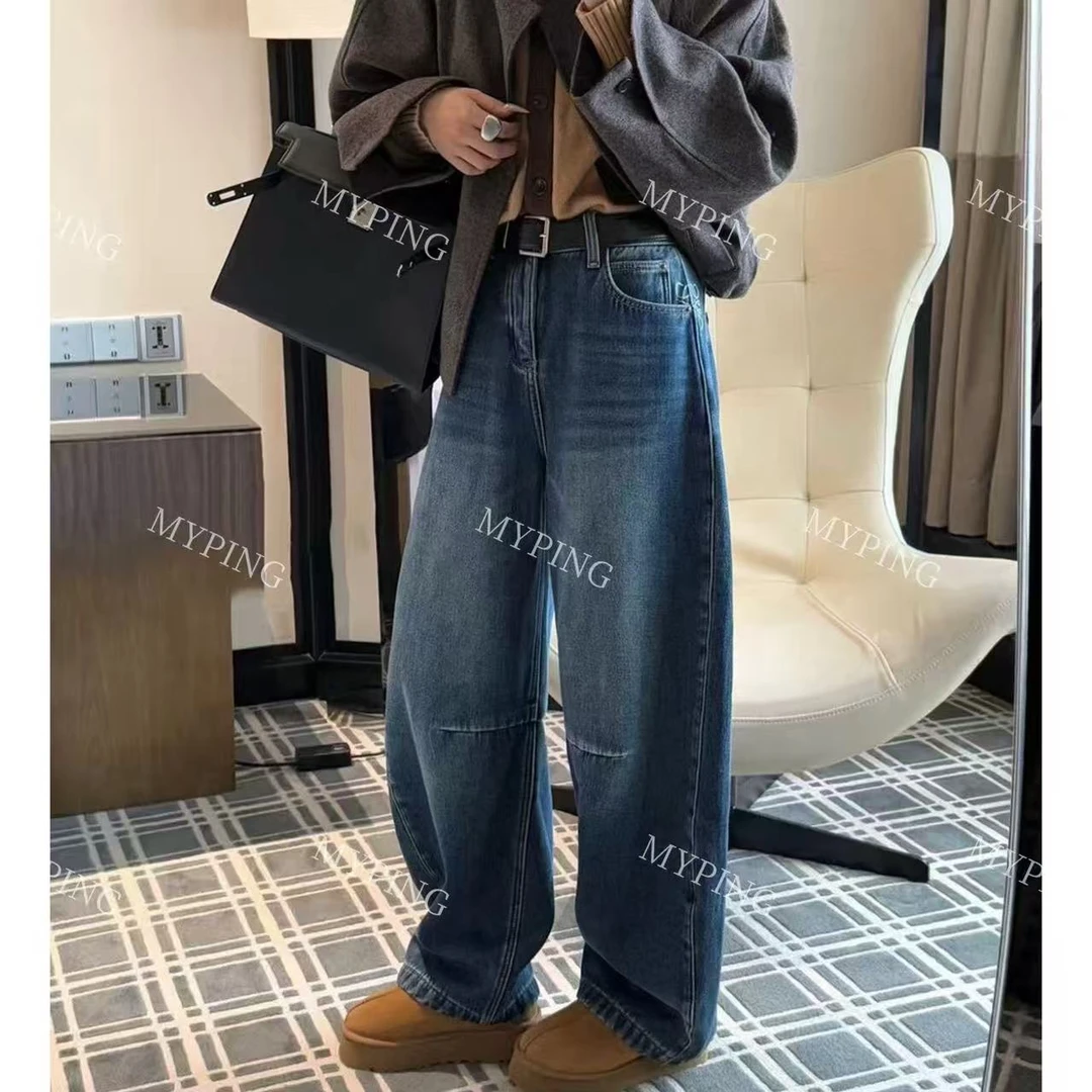 MY【幂幂同款~】100%棉 冬季新款美式复古重工刺绣加绒牛仔裤弯刀裤