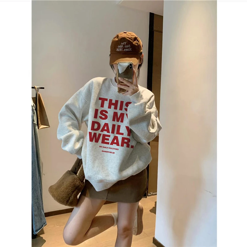 美式复古字母套头灰色卫衣女秋冬宽松百搭小众设计感加绒加厚上衣