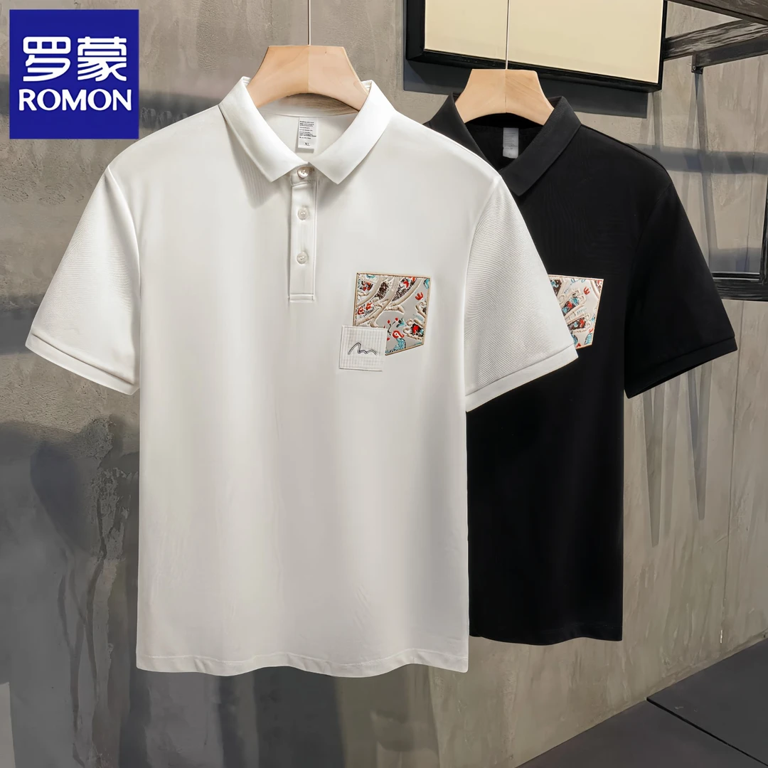 罗蒙中国风个性国潮贴布刺绣POLO衫精致简约翻领T恤透气商务上衣