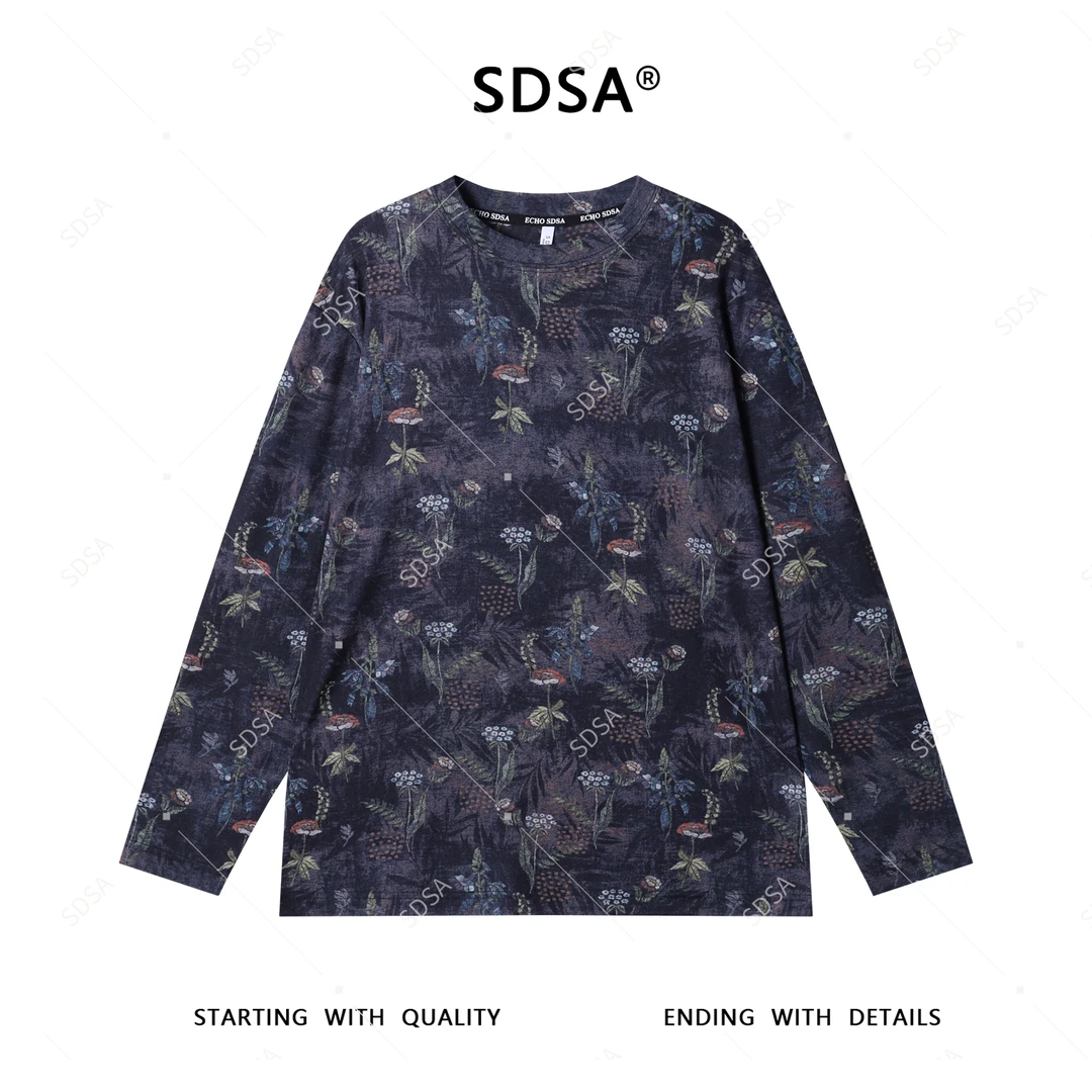 SDSA夏季新款男士痞帅简约植物花卉图案长袖T恤简约百搭休闲上衣