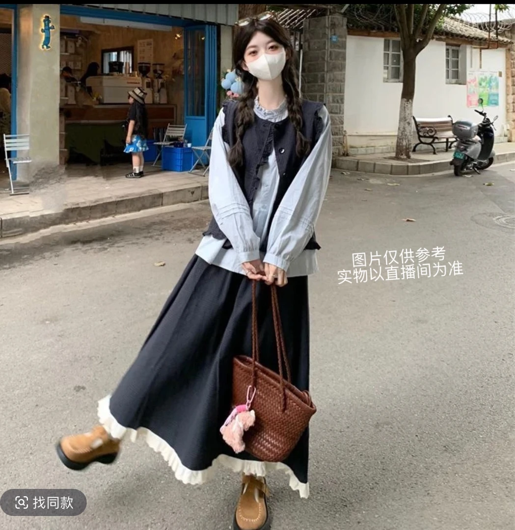 秋季大码女装木耳边百搭衬衫荷叶边马甲半身裙时尚套装