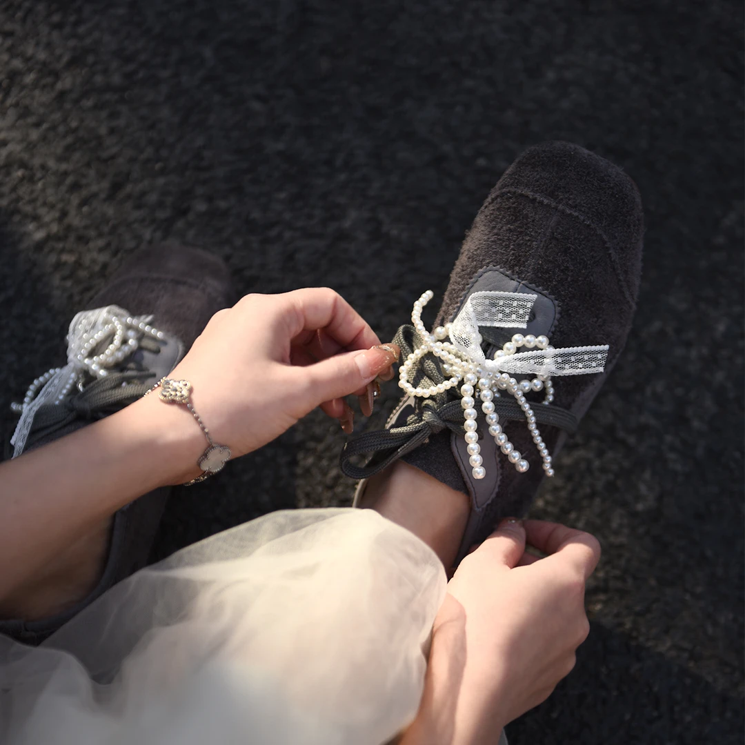 Artmu阿木复古方头爆款德训鞋珍珠蝴蝶结平底系休闲鞋新款9866-16