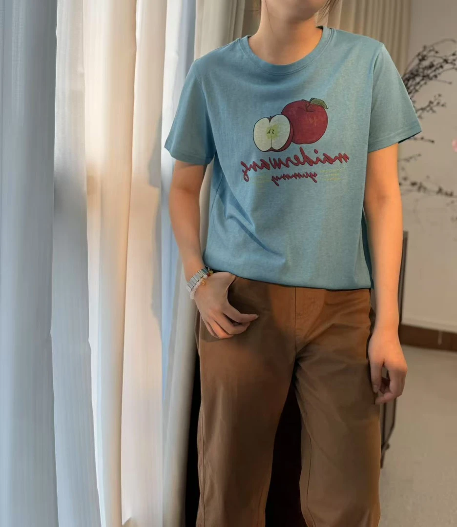【苹果T】夏新款苹果印花短袖T恤蓝色圆领甜美休闲减龄百搭柔软F24