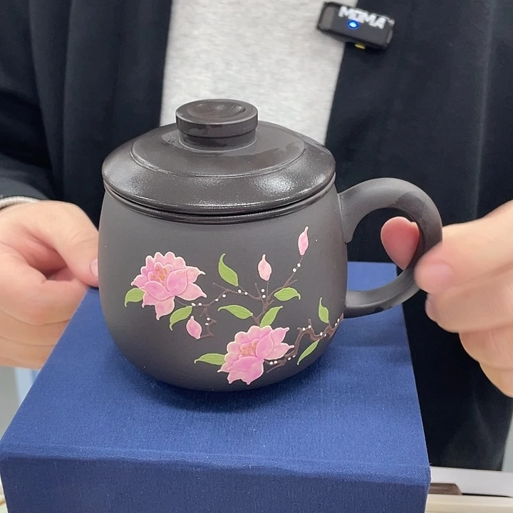 茶杯紫砂玄铁石黄三件套山茶花盖杯