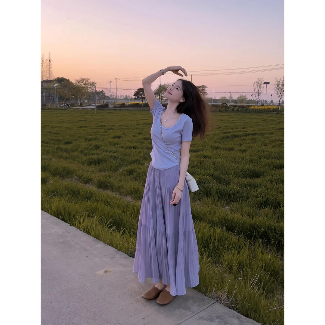 夏季女装套装2025新款短袖淡紫色修身上衣韩版修身显瘦气质半身裙