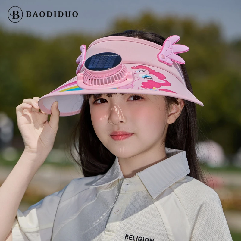 小马宝莉儿童卡通防晒空顶帽带风扇夏季男女童防紫外线遮阳帽