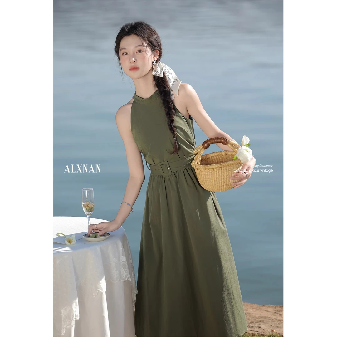 鹿向南「梨落香山树」 夏季显瘦气质宽松收腰深绿色连衣裙L53107