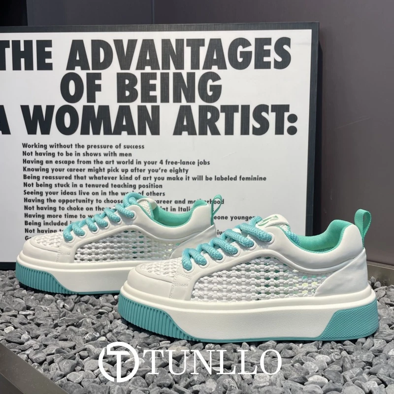 时尚拼色编织网面镂空透气休闲鞋男厚底增高舒适潮流百搭轻便板鞋