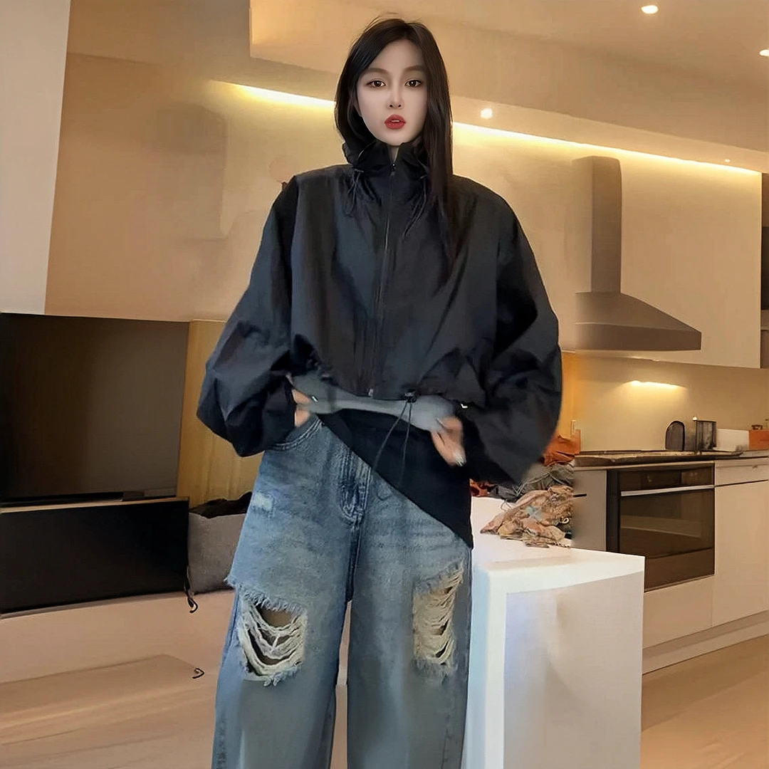 1066甜酷风格派 夏天防晒又耍帅 抽绳可调节廓形短袖拉链防晒外套