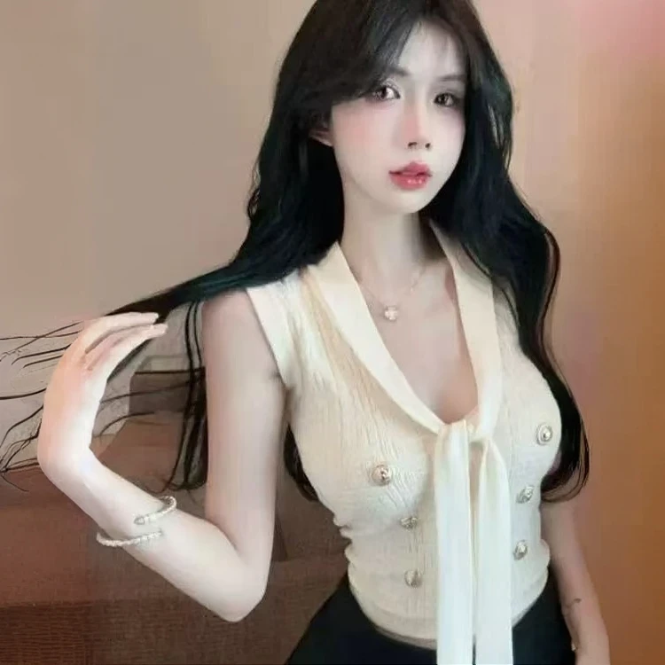 气质名媛小香风v领针织背心女夏季不规则飘带显瘦外穿绝美小上衣