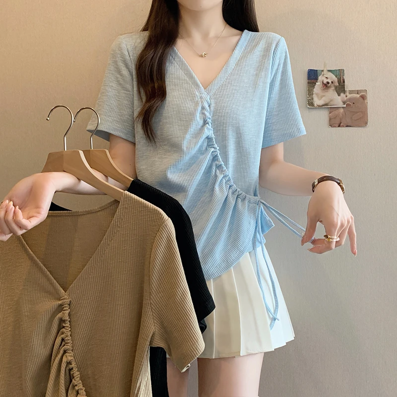 2025夏款胖mm大码女别致设计感不规则v领系带抽绳短袖T恤21727