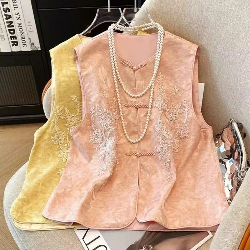 新中式国风刺绣亮片无袖马甲女时尚气质百搭复古圆领马夹女上衣潮