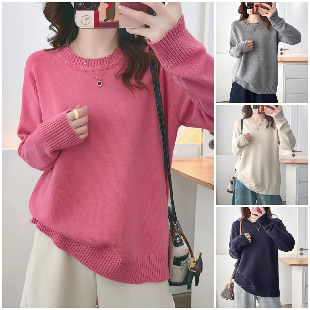 斐卉微胖mm遮肉毛衣女外穿秋冬大码女装圆领针织衫宽松百搭毛线衫