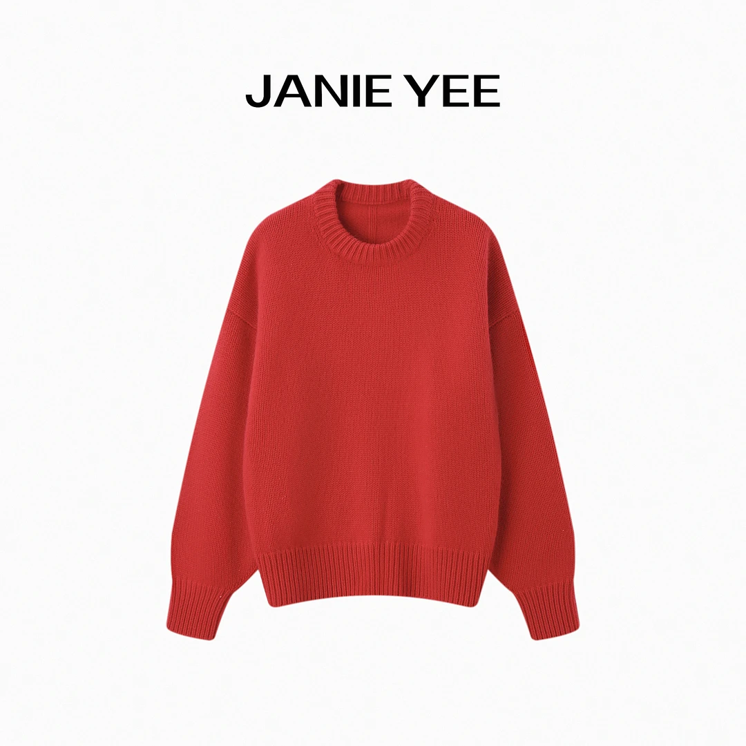 Janie Yee重磅880g山羊绒圆领红色厚宽松毛衣冬季女 25A3528