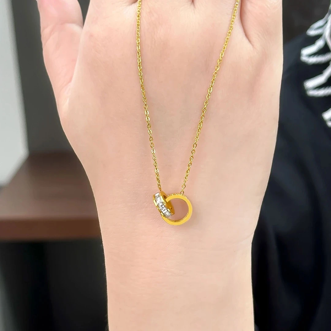 钛钢项链 钛钢项链圆环相扣钛钢玫瑰金项链女时尚百搭气质颈链