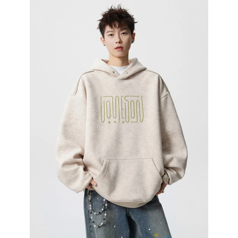 拱桥绣拉链连帽卫衣加绒加厚男秋冬新款加绒加厚宽松休闲刺绣外套