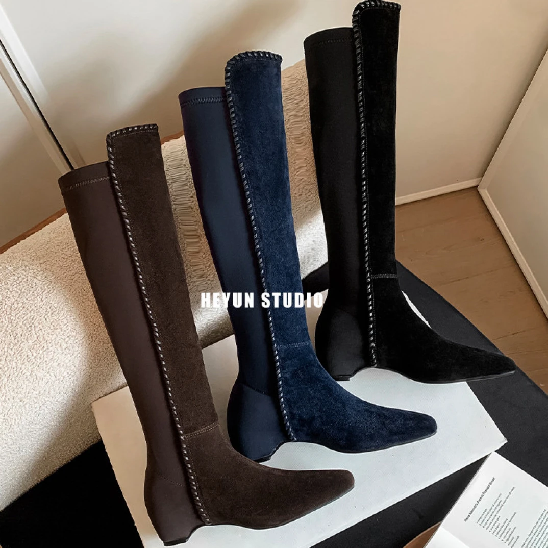 PENGXIAXI时装靴小个子百搭弹力瘦瘦靴方头长筒靴磨砂真皮长靴