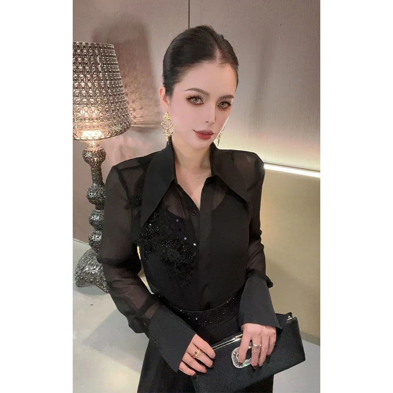 （特价-卡码拍大）重工翻领两件套长袖衬衫CS31044