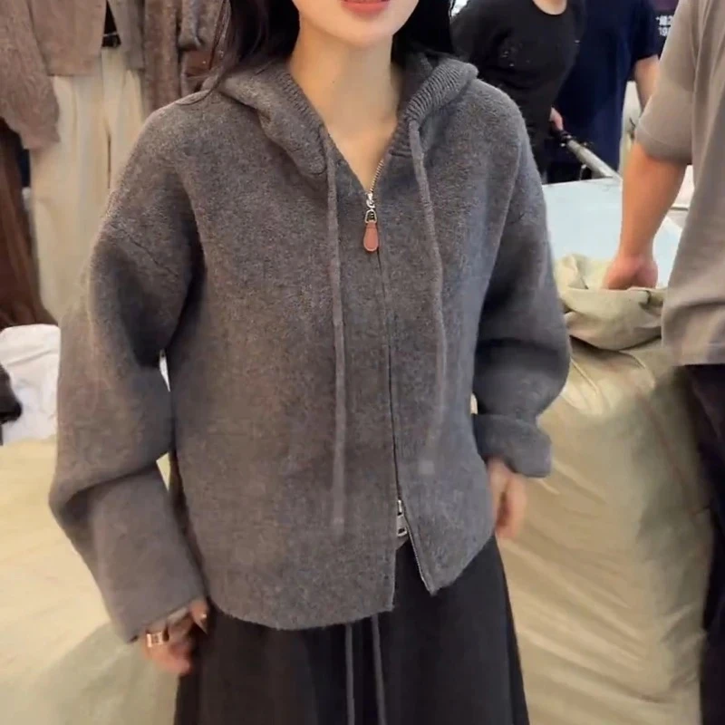 韩版百搭拉链纯色连帽毛针织衫女秋冬季2025新款时尚外穿休闲上衣
