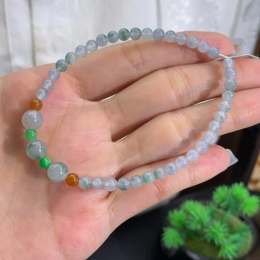 翡翠未镶嵌手串卡4-6.4冰胶蓝紫飘花手串